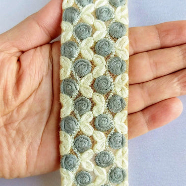 Beige Net Trim With Embroidered Roses, Off White and Grey Floral Trim, Approx. 36mm wide - 210119L465